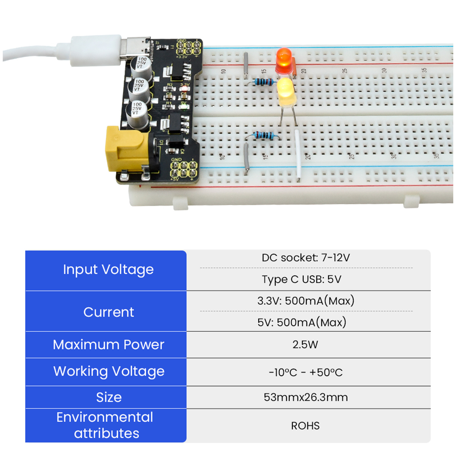 KEYESTUDIO Type-C 電源モジュール + 83 - Breadboard Jumper Wires Power Supply Kit のレビューと価格
